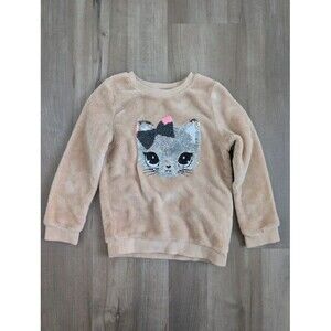 H&M Beige Fluffy Cat Head Sequin Sweatshirt, 5-6Y (U2)
